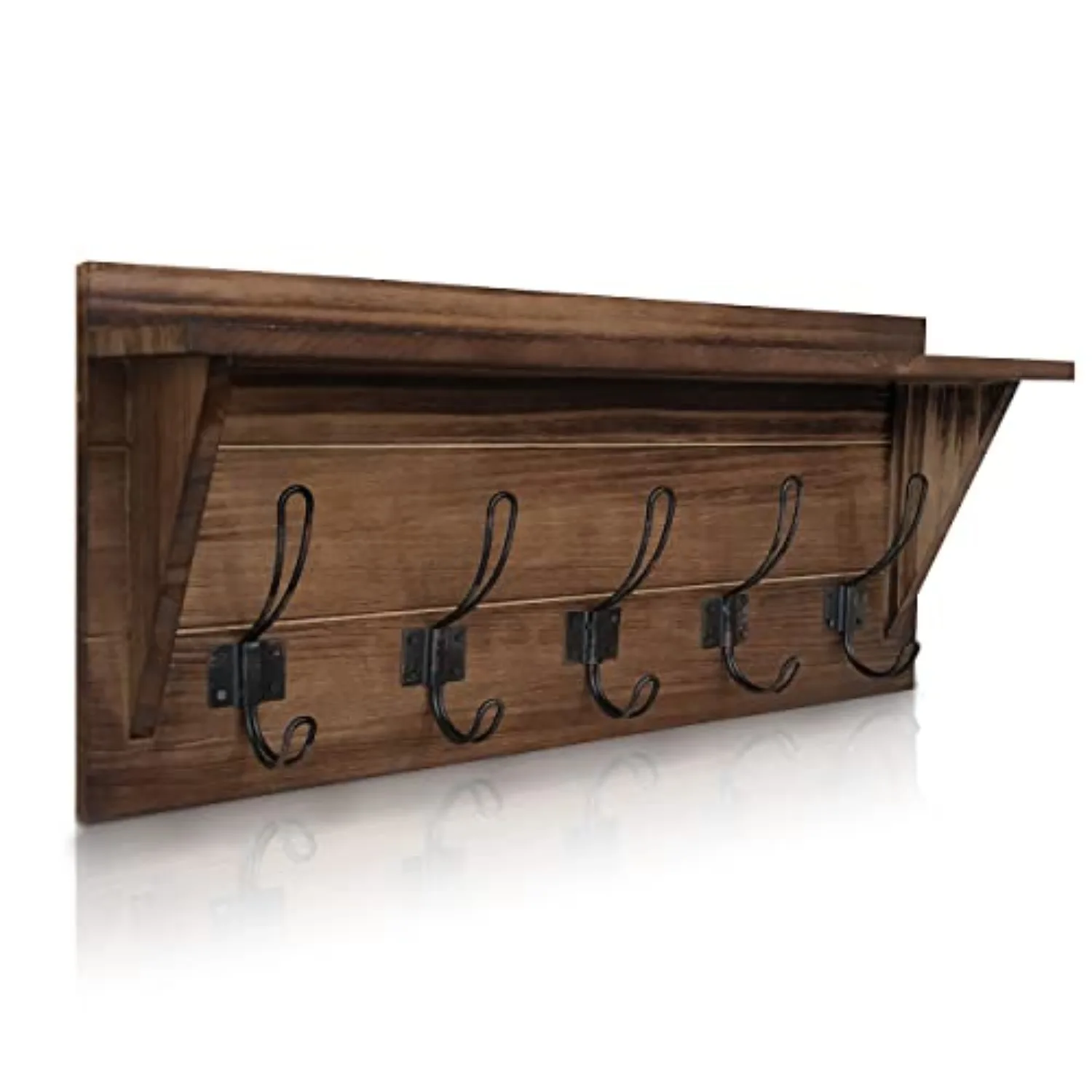 Rustic Brown Solid Wood Wall Mounted Coat Rack with Shelf, 5 Hooks, 24" Long - Kitchen, Mudroom, Entryway, Bathroom