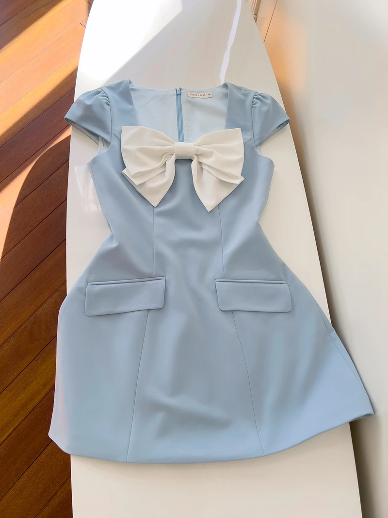 

Blue Ele Reducing Age Korean Waistline Slim Knot Square Collar ort Women Dr Faion High Waist ZipperSle...