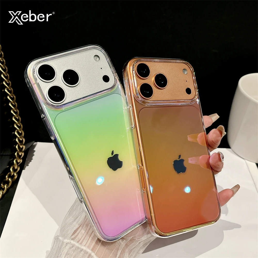 Funda transparente de lujo con gradiente de arco iris láser para iPhone 17 16 15 14 13 12 11 Pro Max Plus, funda transparente a prueba de golpes