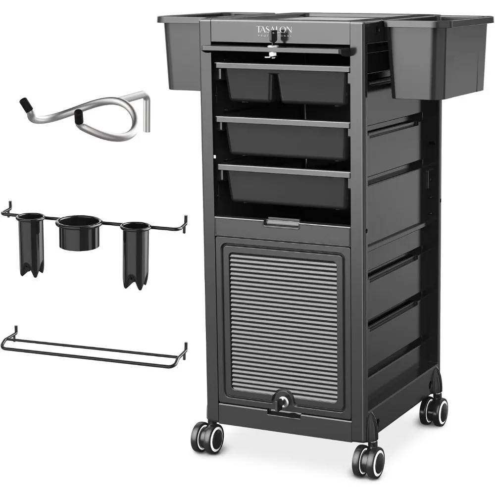 

Beauty Salon Cart - Lockable Salon Trolley Cart with 6 Drawers and Tool Holders, Salon Stations for Hair Stylist