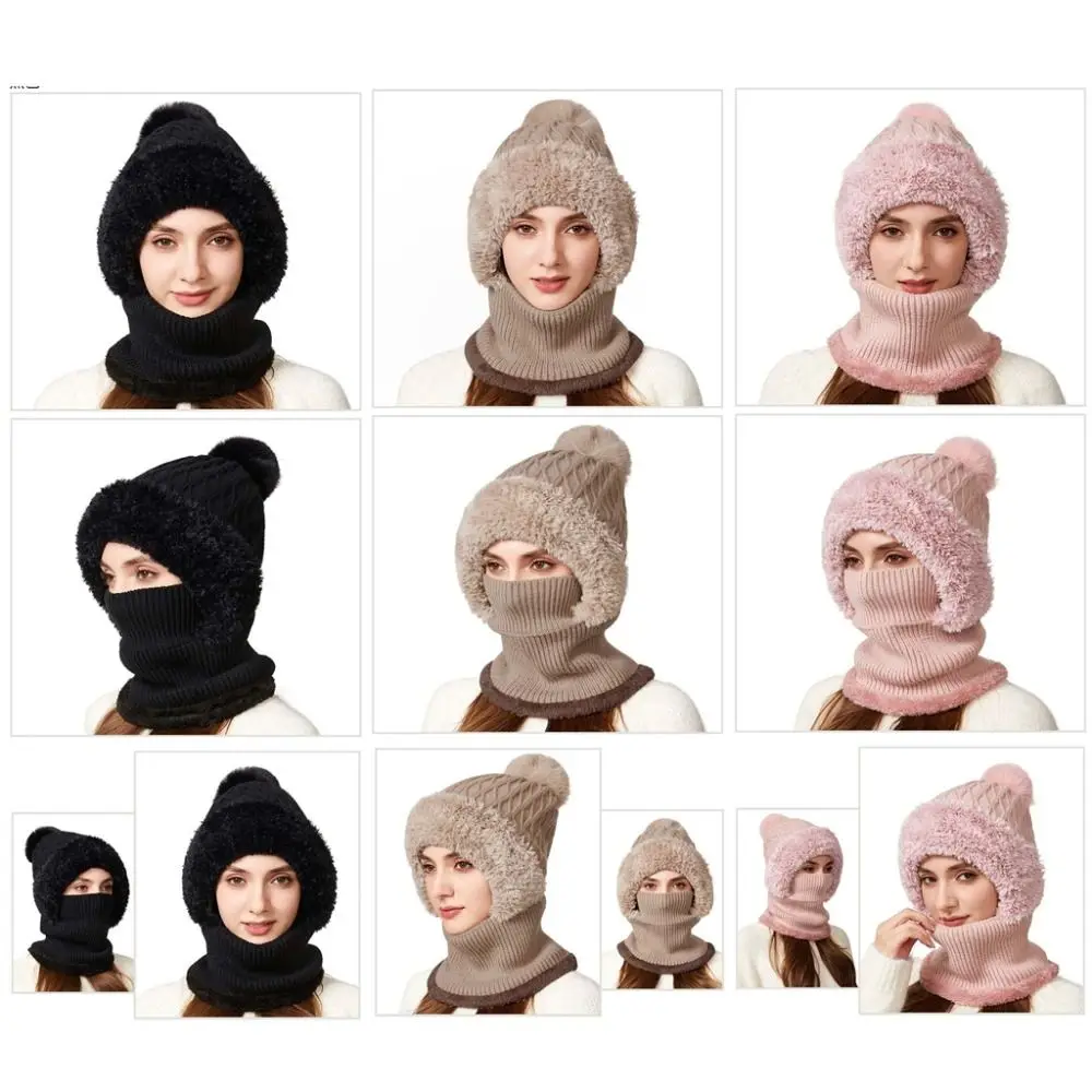 

Fashion Winter Cap Mask Set Solid Color Windproof 2in1 Scarf Hat Ear Protection Thicken Warm Balaclavas Hat Winter