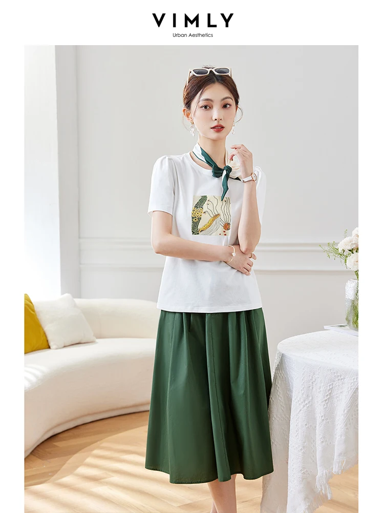 

Vimly Women's 100% Cotton Summer Suit 2 Piece Skirt Sets 2023 Short Sleeve White T-Shirt Green A-line Midi Skirts Womens Outfits