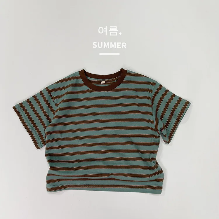 New Summer Boy Girl Children Thin Loose Striped T-shirt Baby Retro Casual Sports Short Sleeves Tops Fashion Cotton Simple Tees