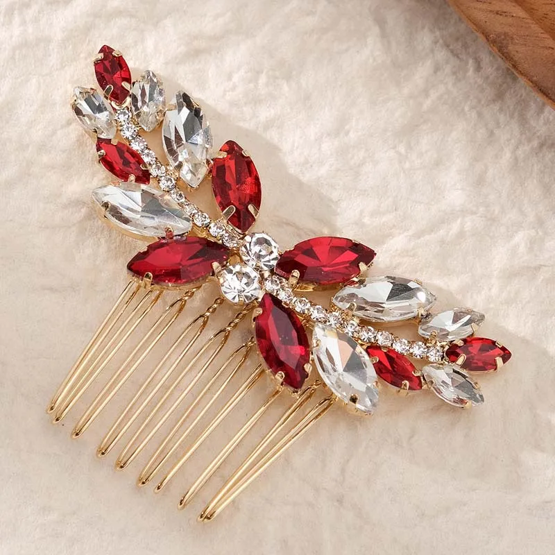 Exquisite Shiny Rhinestones Bridal Head Jewelry Comb Red Wedding Hair Comb Handmade Women\'s Jewelry Accessories Banquet