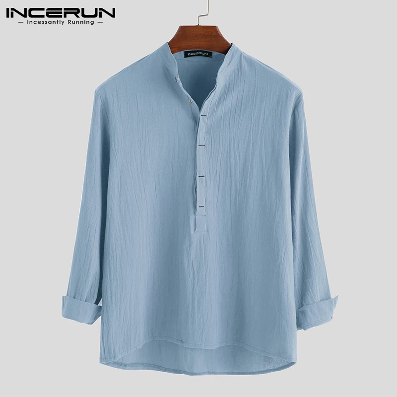 INCERUN-camisa informal de manga larga para hombre, ropa de calle de algodón y lino con cuello levantado, lisa, estilo Harajuku, para negocios, 2023