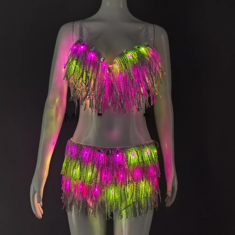 Luminous Suits Belt Show Women Reflective Face Tasseled Bra Belly Dancer Dress AccessorieLED Clothes Glowing Bra Shorts Fashion