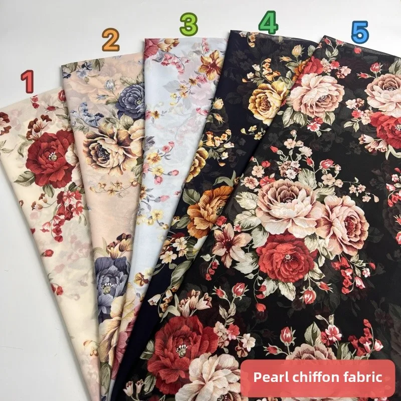 Floral Rose Printed Chiffon Polyester Sheer Soft Draped Fabric Spring Summer Dress Lightweight Breathable Apparel Material