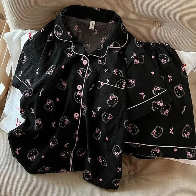 Hello Kittys Pajamas Women's Home Clothes Set Summer Short Sleeve Shorts Girls Pajamas Student Home Clothes Breathable Cartoon
