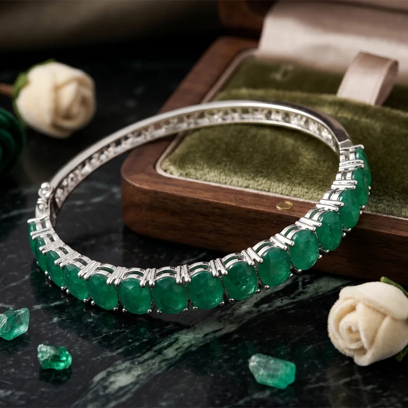 75x8mm Pretty15.6g Real Green Emerald Real Red Ruby Golden Citrine Present Silver Bangle Bracelet 8.5