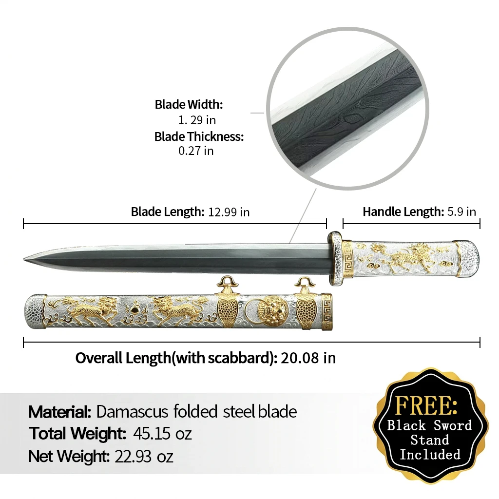 12-inch Kirin Tang Sword Feather Pattern Steel Clay Tempered Blade Gold & Silver Gilded Copper Fittings Collectible Ornamental
