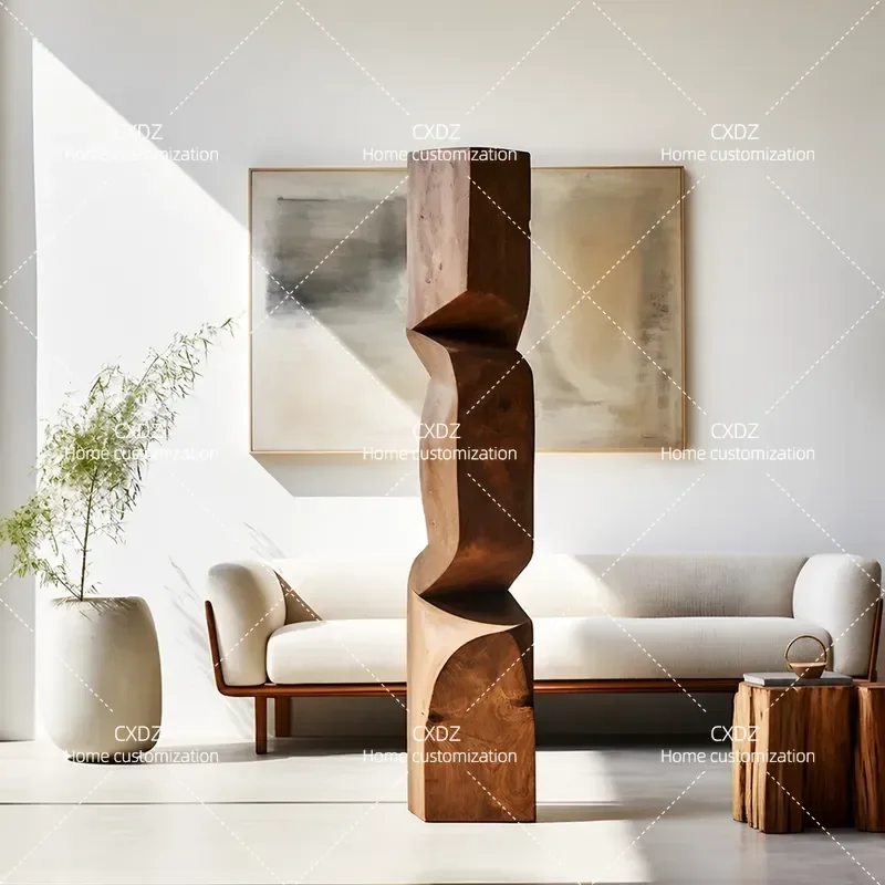 Solid Wood Carving Floor Sculpture Vertical Corner Decoration Artwork for Hotel Sales Office Model Room Soft Home Decor