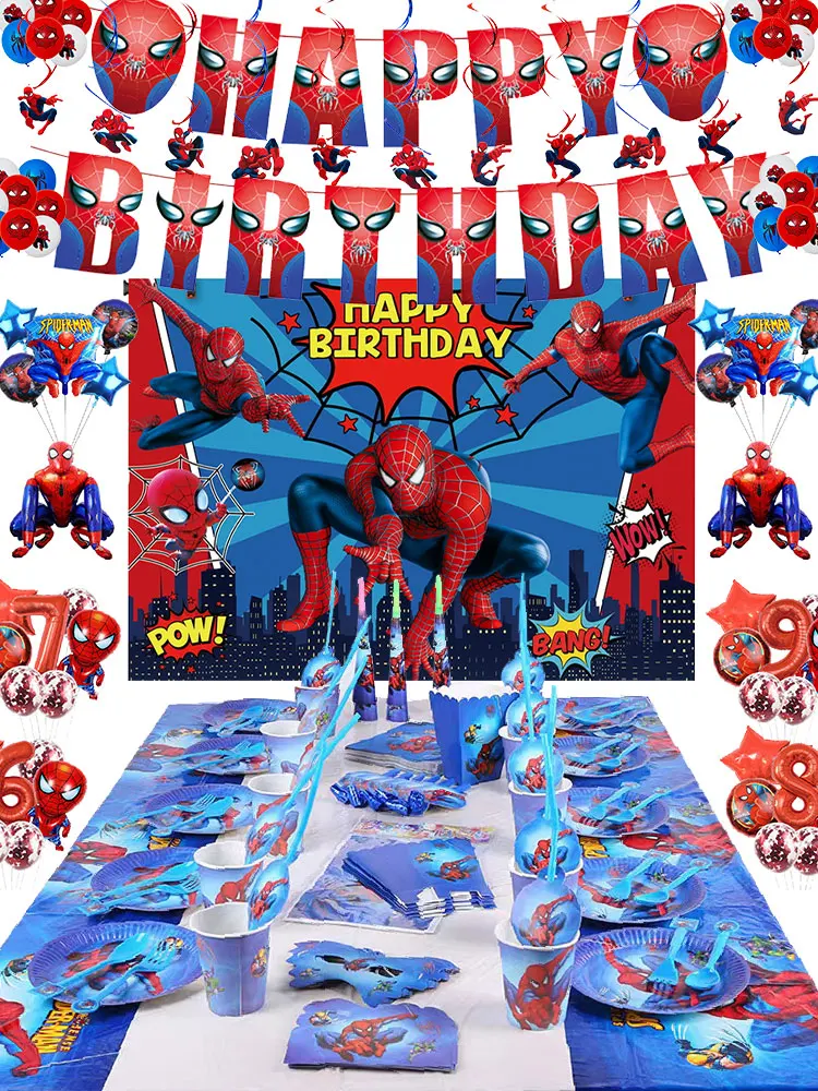 Decoraciones de fiesta de cumpleaños de SpiderMan, globos, vajilla desechable, plato, taza, evento temático de araña, suministros para niños, regalo