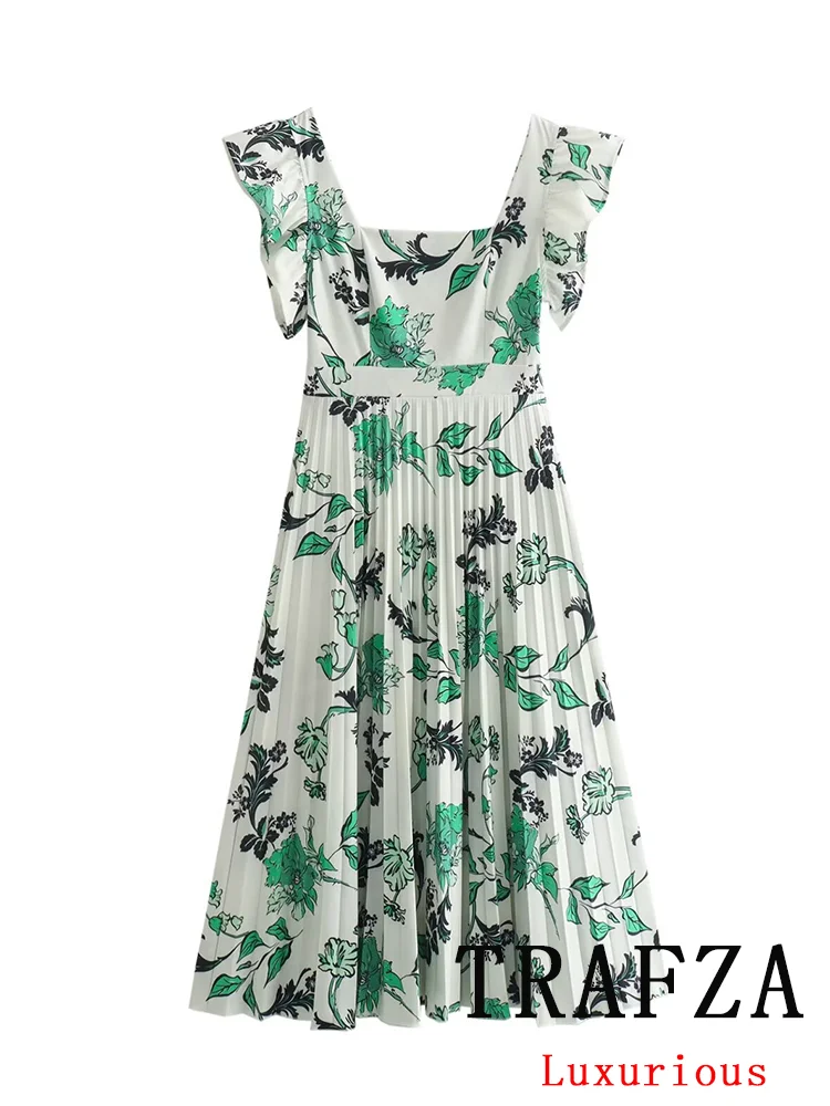 TRAFZA Vintage Flower Print Chic Women Dress Square Collar Flying Sleeve Cami Dress New Fashion 2024 Summer Ruffles Dress