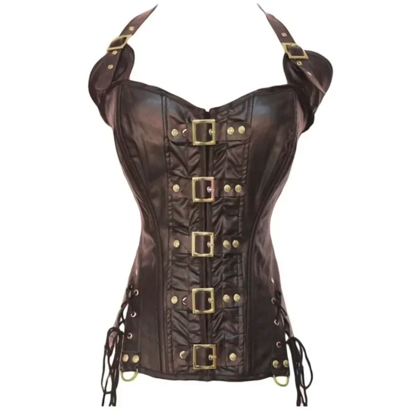 Women's Steampunk Corset Shapewear Halter Overbust Pulls Waist Slimming Retro Goth Leather Corsele