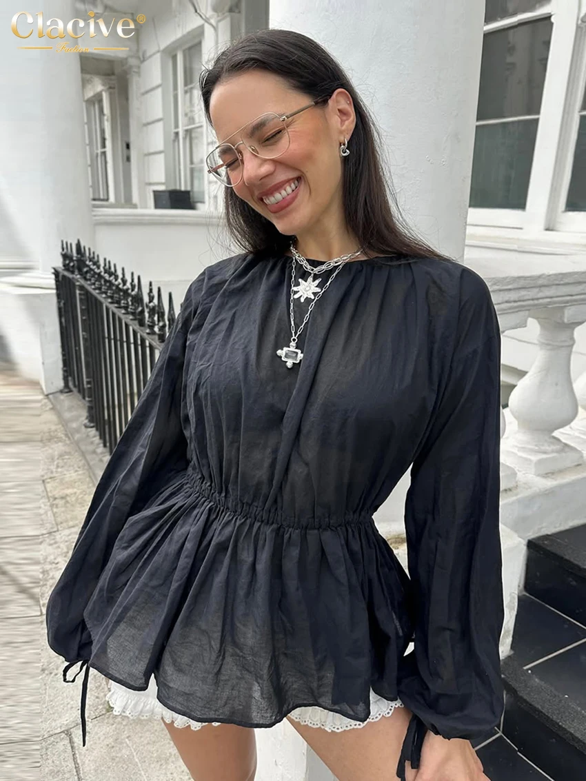 

Clacive Fashion Loose Black Cotton Women Shirt Autumn O-Neck Long Sleeve Lady Shirt Elegant Classic Pleated Top Female Clothing