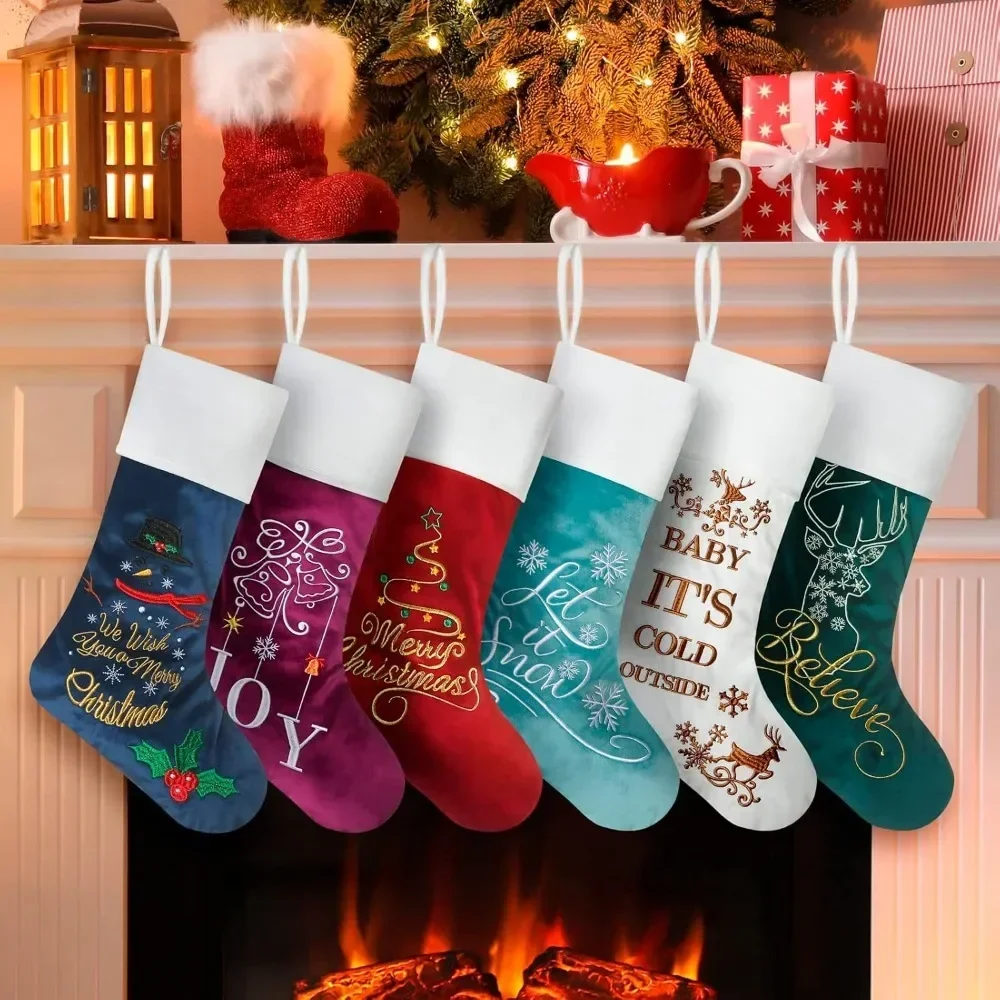 Pack of 6 Luxury Velvet Christmas Stockings, Quality Embroidered Patterned Xmas Stockings Large, Classic Christmas Hanging