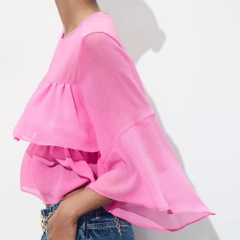 Lente 2025 Dames Faion irt rond Ne Gelaagde Decoratie Ba Split Sweet Sle Pure Kleur Polyestervezel 00%