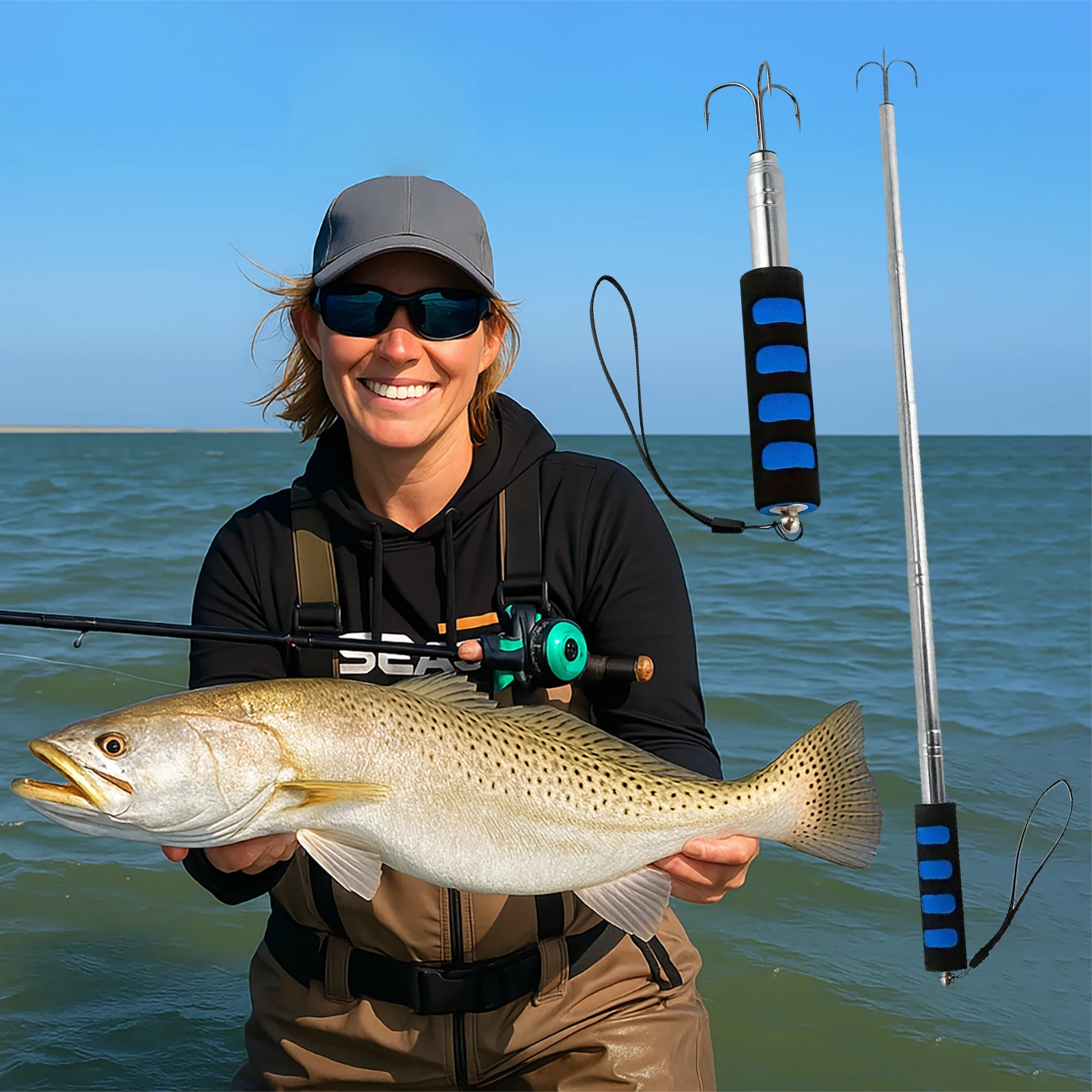 Color is randomly dispatched. 80cm extended 4-section telescopic fishhook, with 4 hooks, sea fishing, ice and rock fishing