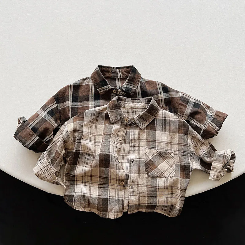 Children's Shirts 2024 Autumn Korean Retro Plaid Baby Boys Shirt 1-7years Kids Boys Long Sleeve Tops