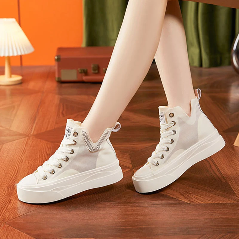 Women's High-top Canvas Shoes Summer New Breathable and Comfortable Mesh Sandals Red Fashionable and Versatile Casual Sneakers
