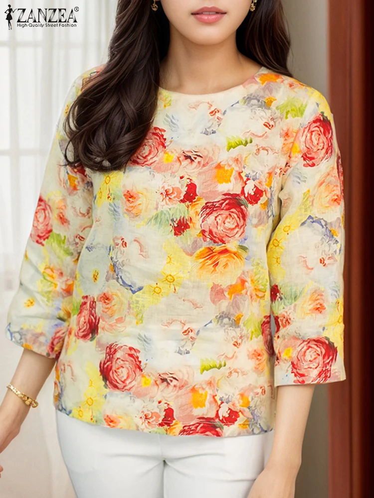 

ZANZEA Bohemian Women Blouse Summer Tunic Tops 2025 Fashion Floral Print Shirts 3/4 Sleeve O-Neck Casual Loose Blusas Femininas