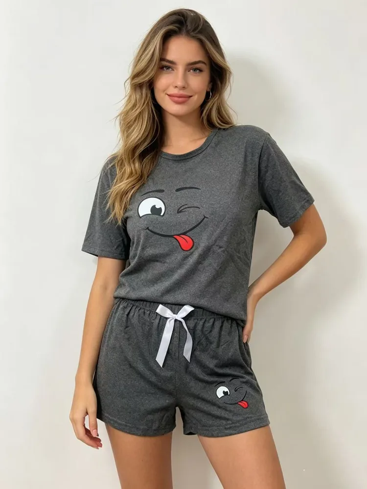 Summer Smiley Face Printed Pajamas Set Women's Short Sleeved Top And Shorts 2-piece Set Casual Home Wear Soft Nightwear