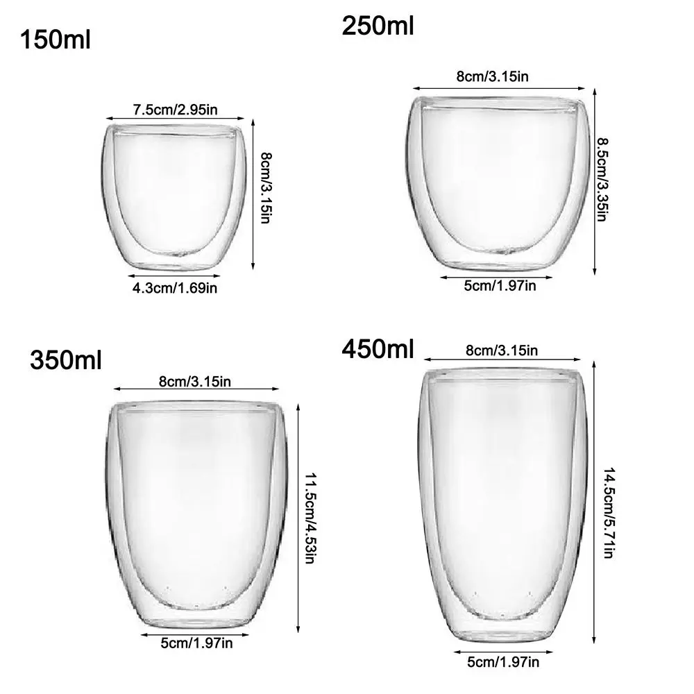 150/250/350/450ml Double Wall Layer Cup Coffee Glass Tea Insulated Mug Wine Beer Milk