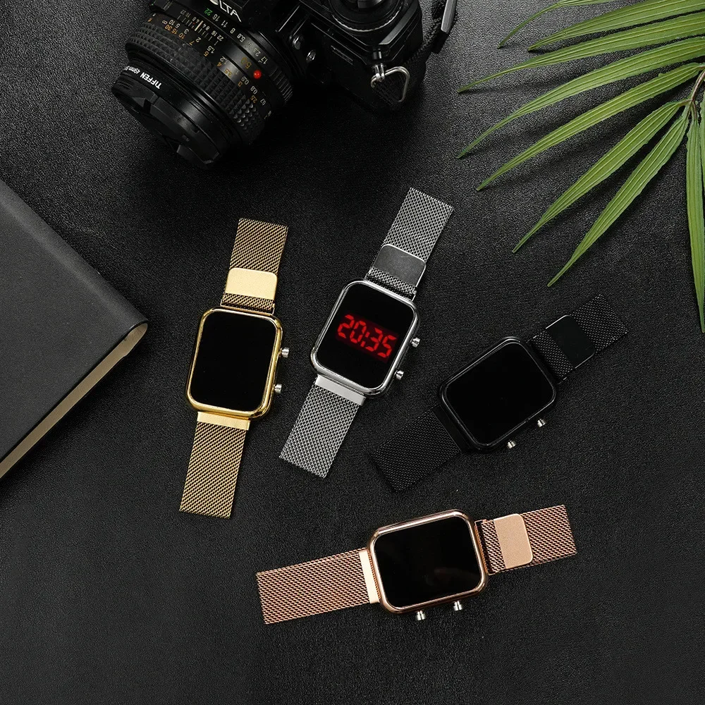 Fashion LED Digital Watches for Women Men Luxury Metal Mesh Band Electronic Wristwatch Simple Square Ladies Quartz Clock Reloj