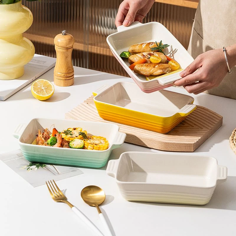 Ceramic Dinner Plates Cool Color Double Ear Baking Tray Rectangular Multifunctional Dish Plate Dinnerware Utensils for Kitchen