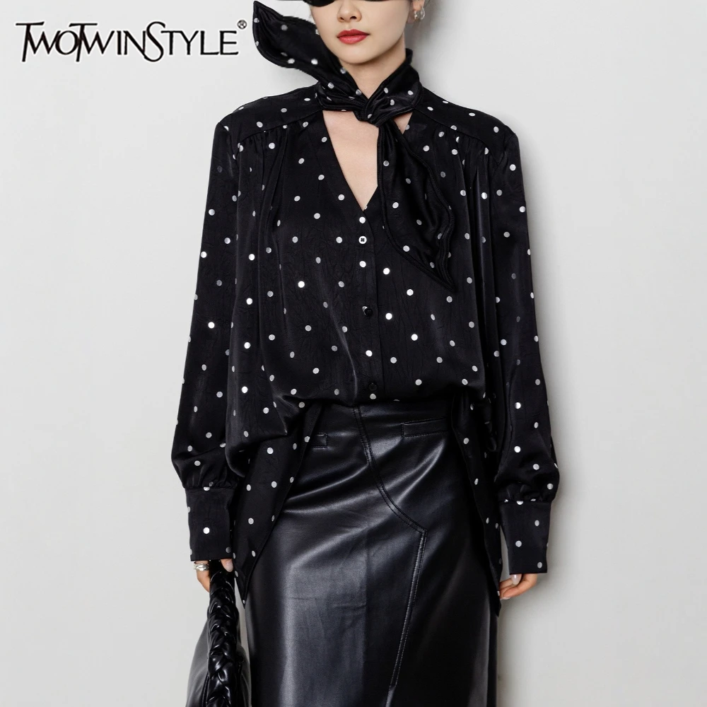 

TWOTWINSTYLE Black Spliced Dot Printing Shirt Female V Neck Long Sleeve Loose French Vintage Women's Shirts Autumn Fashion New