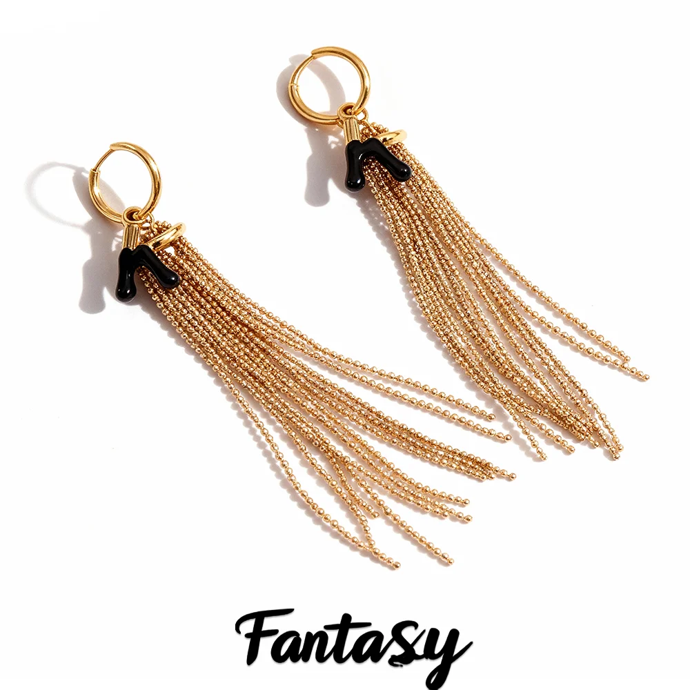 316 aço inoxidável banhado a ouro pequeno grânulo longo borla brincos moda feminina branco preto esmalte gota brincos jóias na moda