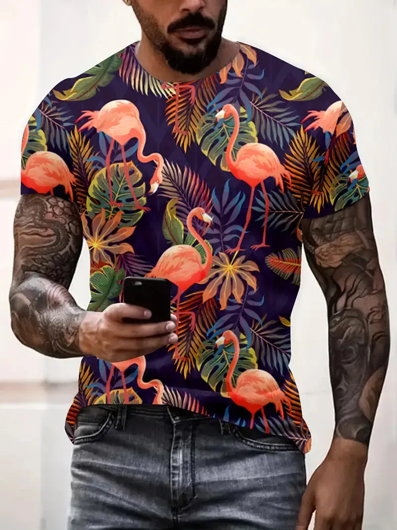 Men's Novelty 3d Tropical Jungle Flamingo Print T shirt Casual Fashion Short Sleeve T-shirt Tops Summer Oversized Streetwear Tee