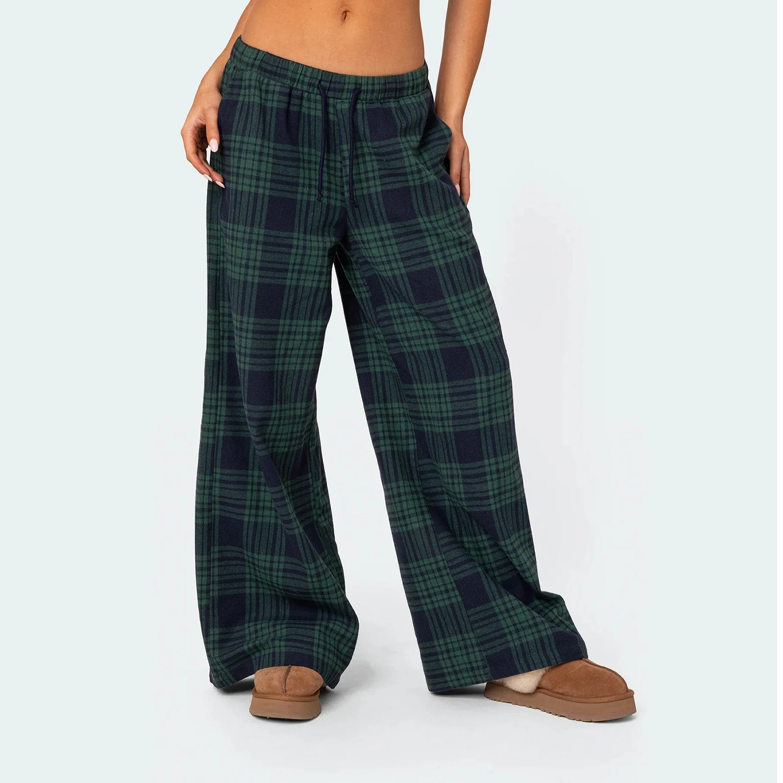 Combhasaki Women Y2K Vintage Casual Long Trousers Plaid Print Elastic Wide Low Waist Loose Wide Leg Lounging Pants with Pockets