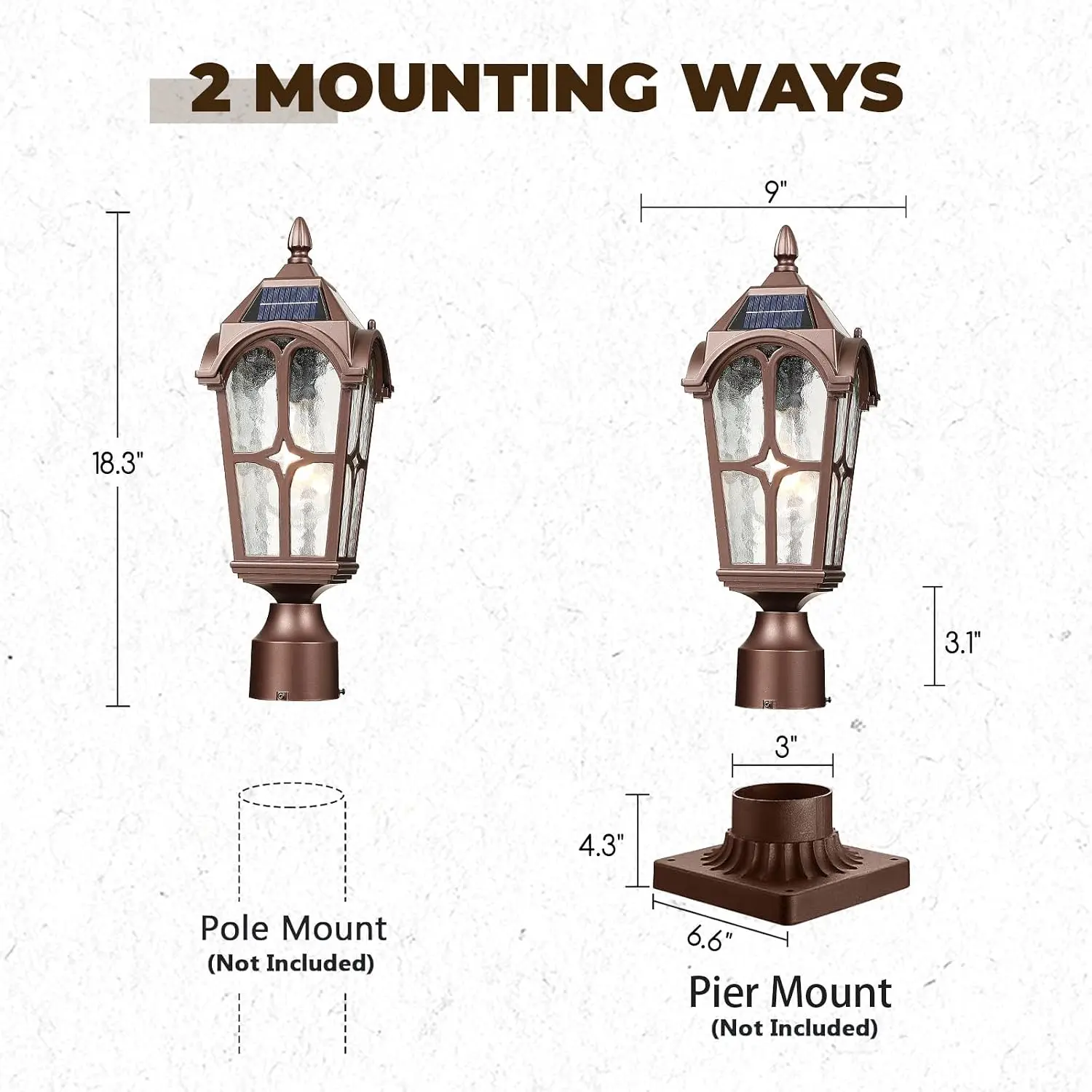17.3 Inch Outdoor Solar Post Light, Dusk to Dawn Pier Mount Pole Lamp, Oil Rubbed Bronze Aluminum with Seeded Water Ripple Glass