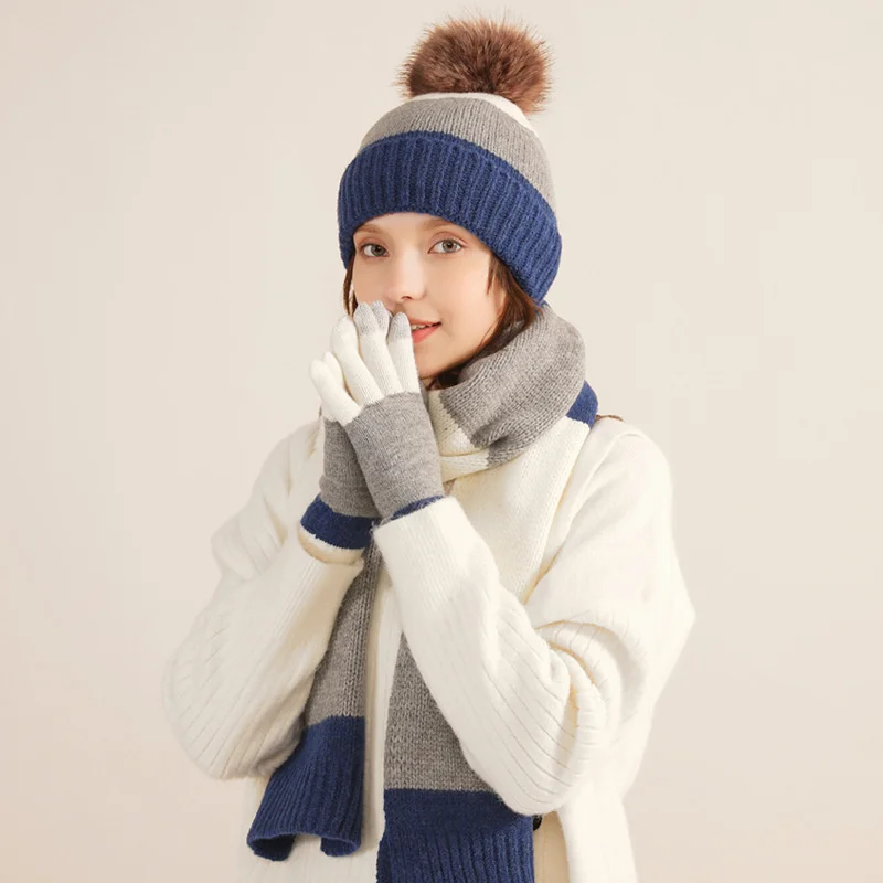 Hat Scarf And Glove Set For Women Winter Warm Soft Knitted Pompom Beanie Female Casual Solid Cashmere Scarf Suit Outdoor Skullis