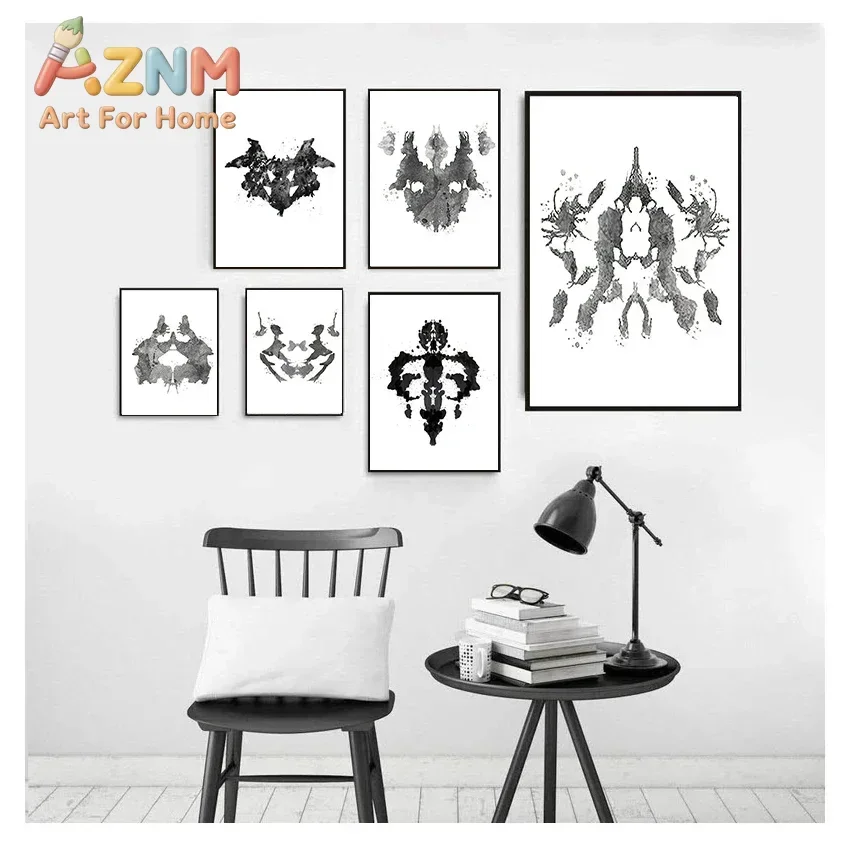 AZNM Rorschach Inkblot Canvas Wall Art Black Ink Abstract Psychology Art Frameless Print Poster for Living Room Decor