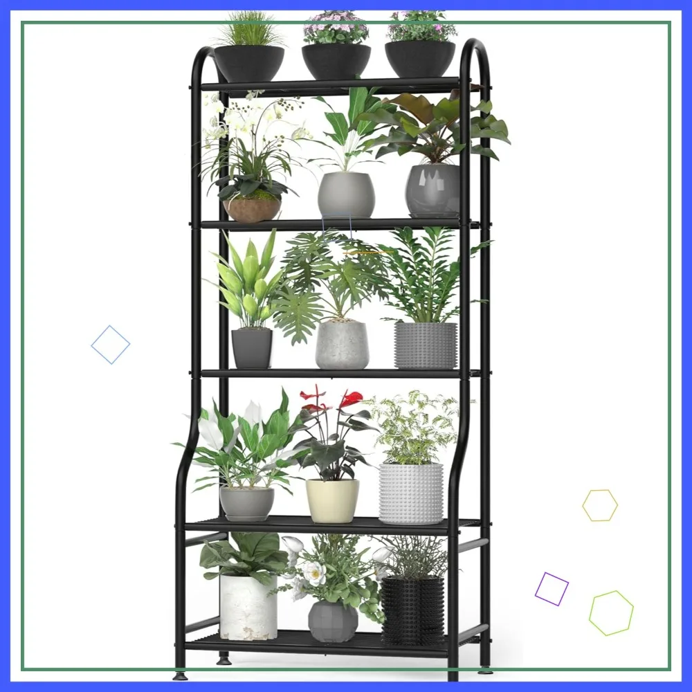 

5-ярусная металлическая подставка для растений для использования в помещении и на улице, усиленная конструкция с регулируемыми ножками, черный цвет, декор для сада