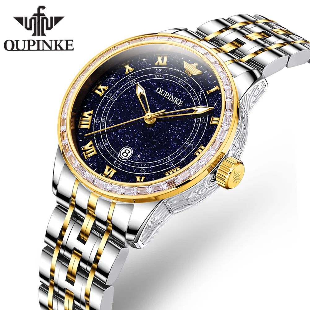 OUPINKE 3203 ساعة نسائية أصلية فاخرة ساعة ميكانيكية 50 متر مقاوم للماء عرض تقويم واحد ساعات للنساء صندوق هدايا