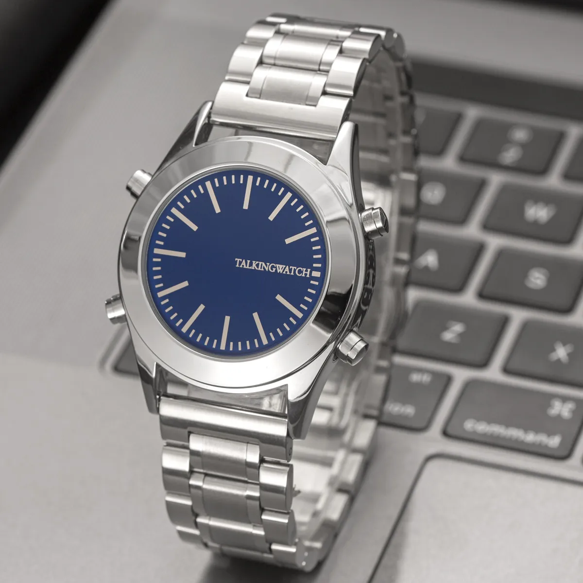 Inggris Berbicara Menonton Unisex Quartz dengan Biru Dial dan Perak Stainless Steel Gelang