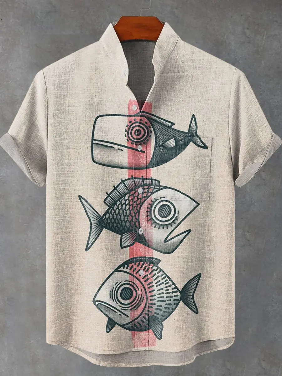 Men Summer Retro Fish Pattern Art Shirt Casual Linen Short Sleeve Fishing Enthusiast Clothing Beautiful Style Camisas De Hombre