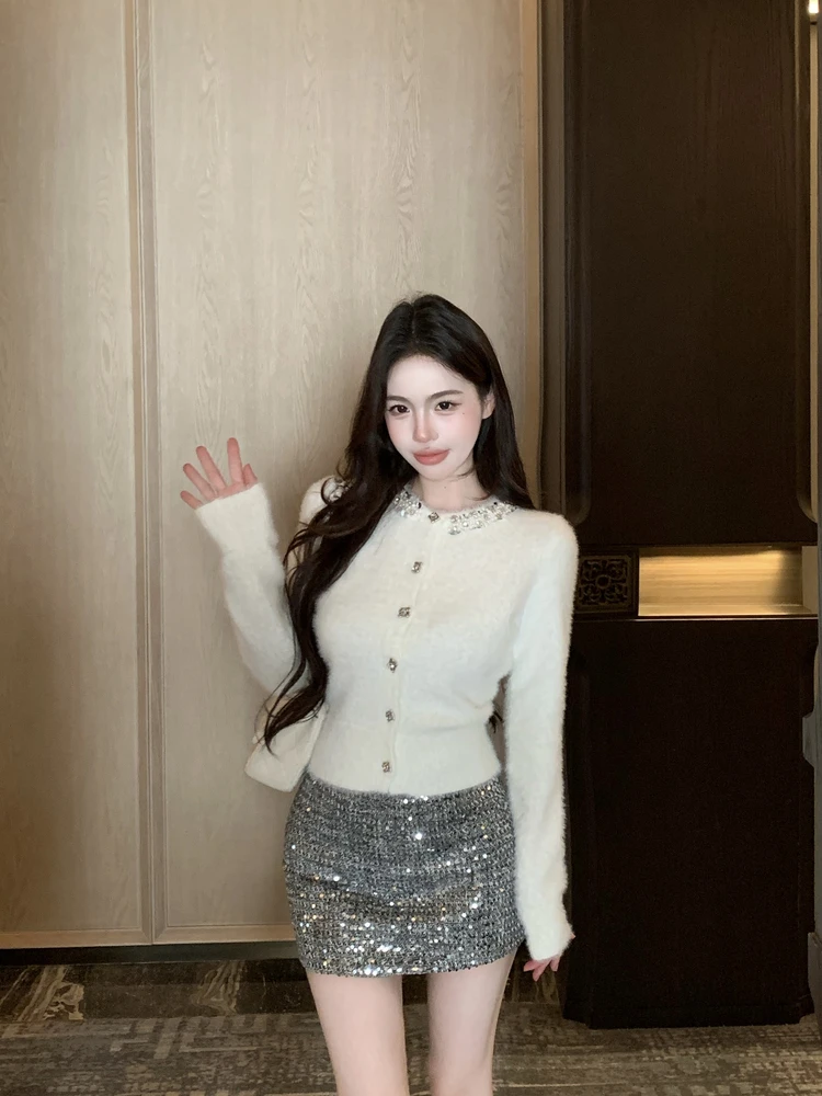 

White Knitted Sweater Coat Women's Spring Fashion Set Beautiful Inner Match Long Sleeve round Neck Slim Fit Casual Style
