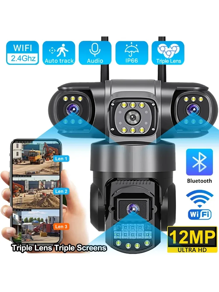 Kamera IP WiFi V380 Pro Zewnętrzna 12MP 6K Trzy Obiektywy Trzy Ekranowe Wyświetlacze Monitorowanie Wideo Bezpieczeństwa Noktowizor Wodoodporne Kamery CCTV — 2