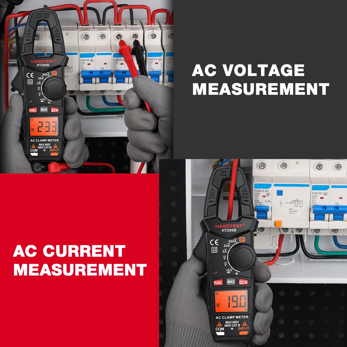 HABOTEST HT200 Digital Clamp Meter 600V AC/DC Voltage Tester with True RMS ohm Capacitance Continuity Measurement Voltmeter