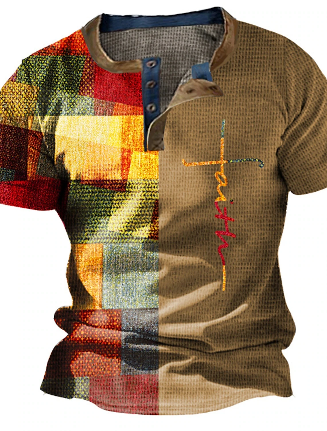 Sommer Vintage Herrenhemd mit Kreuzmuster, Kurzarm, Lässiger V-Ausschnitt, Knopfleiste, Übergroßes Herren-Patchwork-T-Shirt, Karierte Oberteile, Streetwear – Detail 5