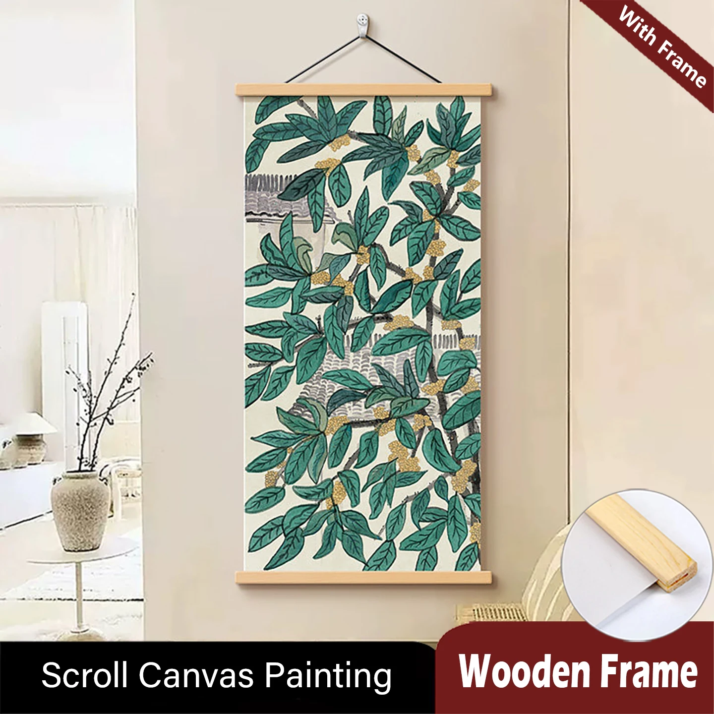 Osmanthus Floral Solid Wood Scroll Painting With Frame, Home Decor Traditional Chinese Botanical Canvas Painting Poster Wall Art
