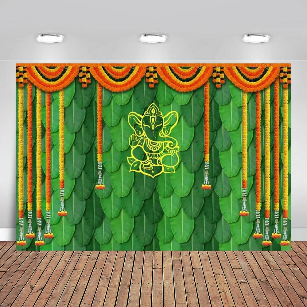 India Pooja Traditional Photography Backdrop Banana Leaf Green Chatiya Ganesh Background Marigold Puja Ganpati Wedding Tapestry