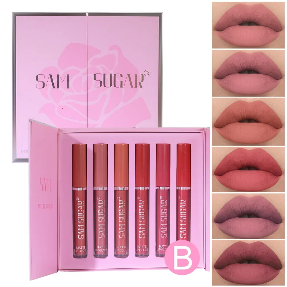 ลิปสติกเนื้อกำมะหยี่ 6 ชิ้น แมทท์ กันน้ำ ติดทนนาน สีชมพู สีแดง ชุดลิปกลอสแต่งหน้า