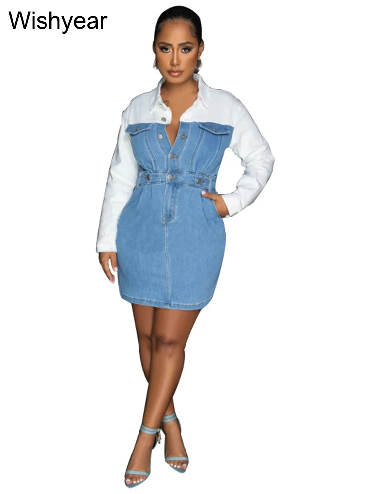 Wishyear Women Turn Down Collar Button Up Pockets Office Lady Bodycon Long Sleeve Patchwork Denim Shirt Dress Birthday Clubwear