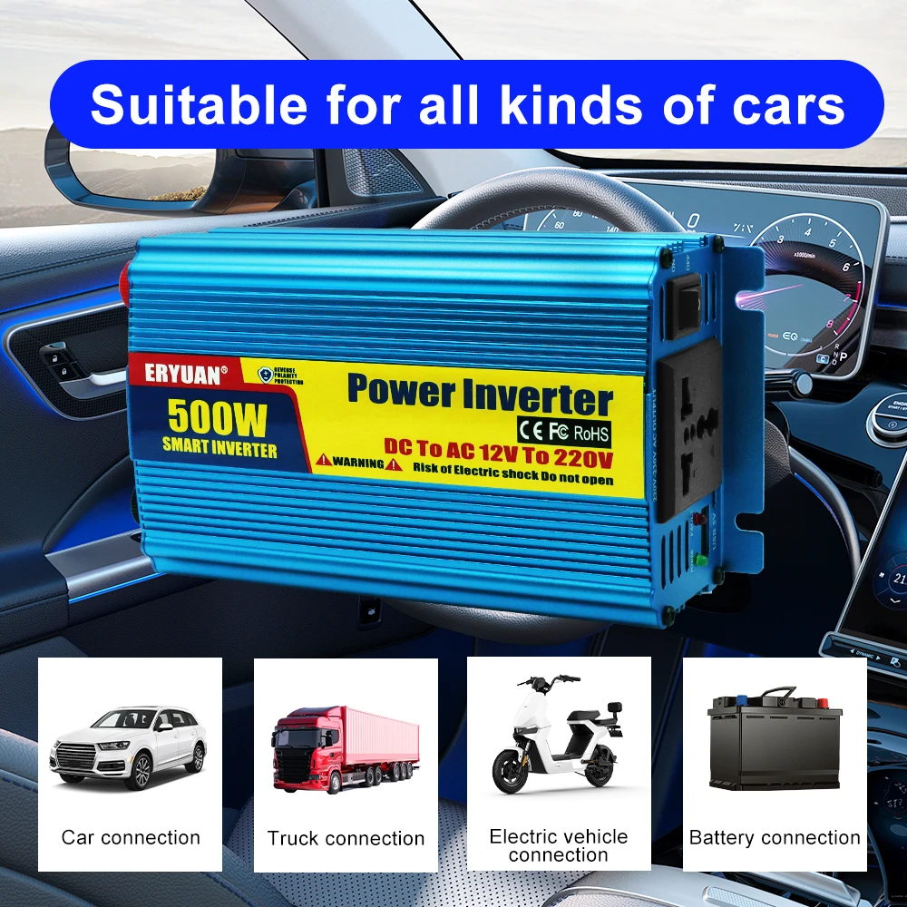 Auto Power Supply Inverter DC 12V To AC 220V Battery Converter 500W Car Power Inverter Multifunctional For SUV RV Truck Trailer
