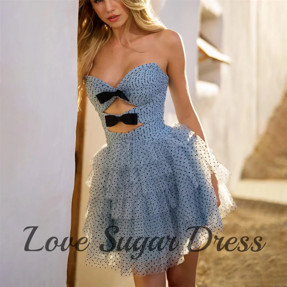 

Dots Tulle Prom Dresses For Women Sweetheart Bow Short Cocktail Dress A Line Tiered Formal Party Gowns платье вечернее